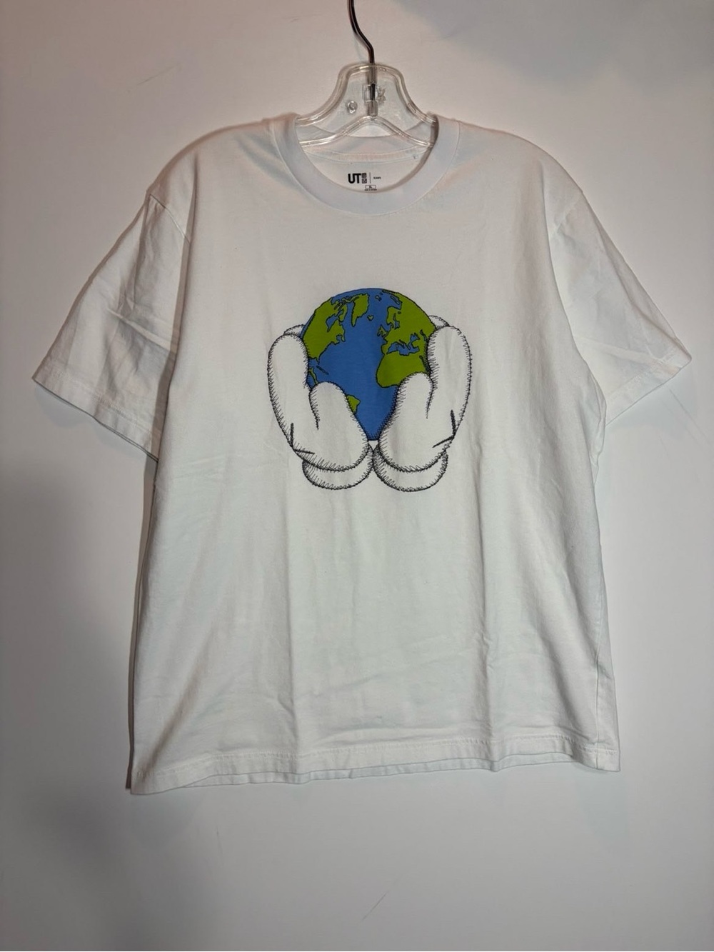 UT Uniqlo Kaws White Graphic Tee with Globe and Cartoon Hands